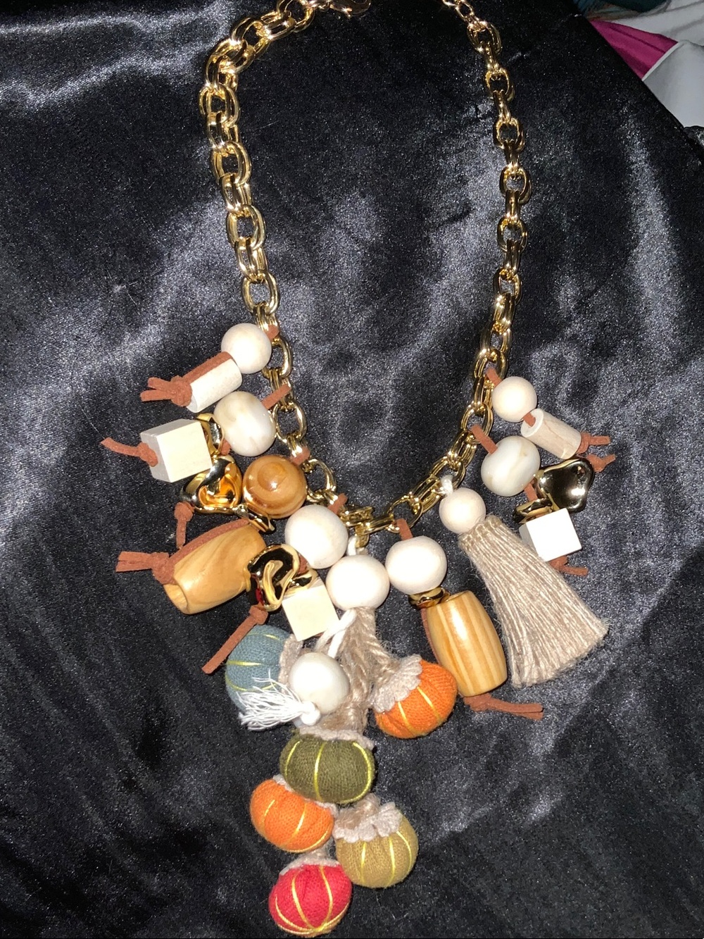 Gold Chain Multi-Tassel Statement Necklace with Cream & Tan Accents